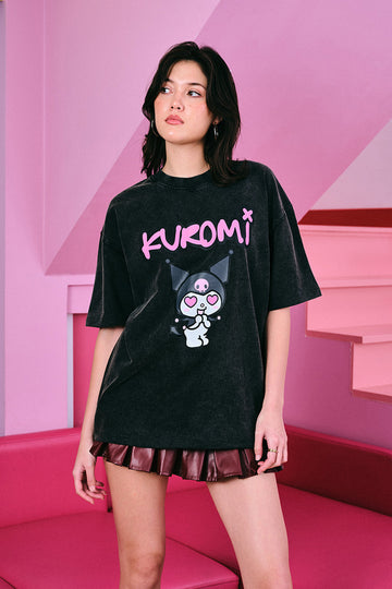 UNISEX Kuromi Trouble Faded Black Oversized T-shirt